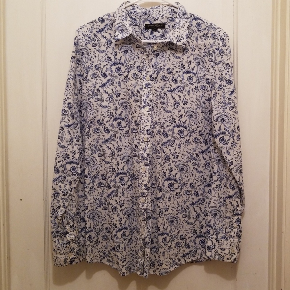 Blue Floral Button Up Shirt Banana Republic
